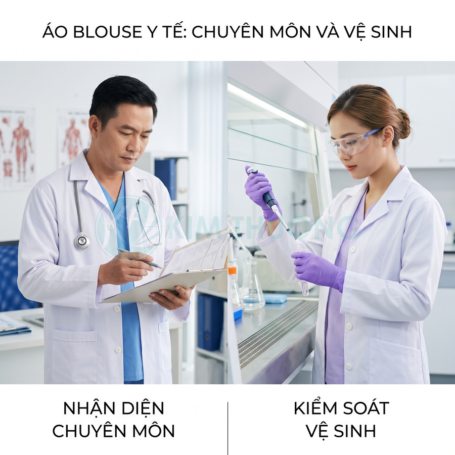 Áo blouse y tế trắng cho bác sĩ và kỹ thuật viên phòng thí nghiệm trong môi trường làm việc sạch sẽ