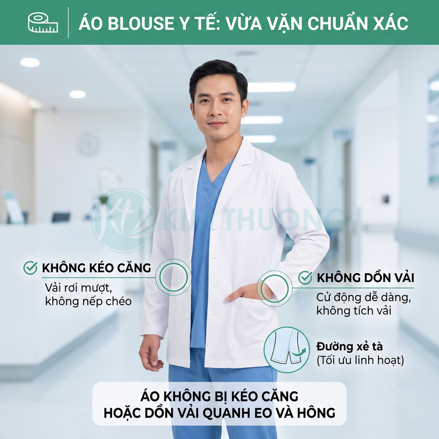 Bác sĩ nam mặc áo blouse y tế trắng form chuẩn, không nhăn, đứng trong hành lang bệnh viện hiện đại