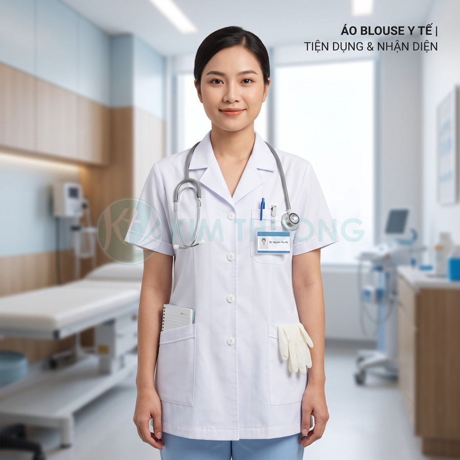 Áo blouse y tế trắng nữ tay ngắn có túi lớn, đeo ống nghe và bảng tên trong phòng khám hiện đại