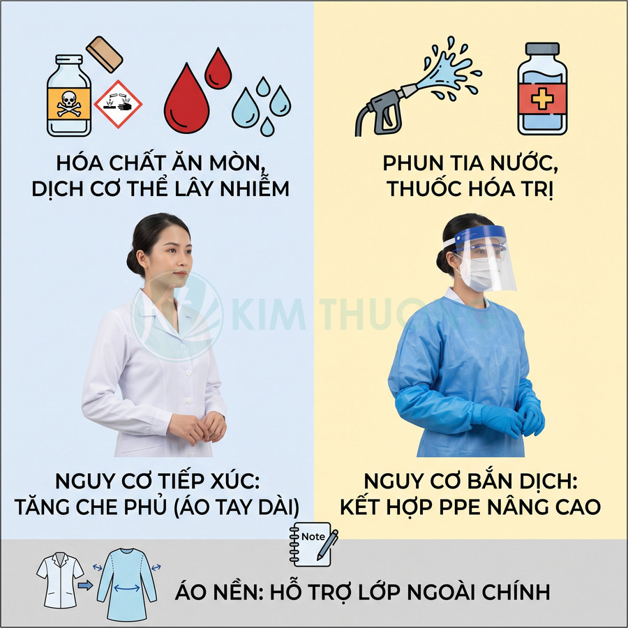 So sánh áo blouse tay dài và đồ bảo hộ y tế PPE chống hóa chất và dịch bắn