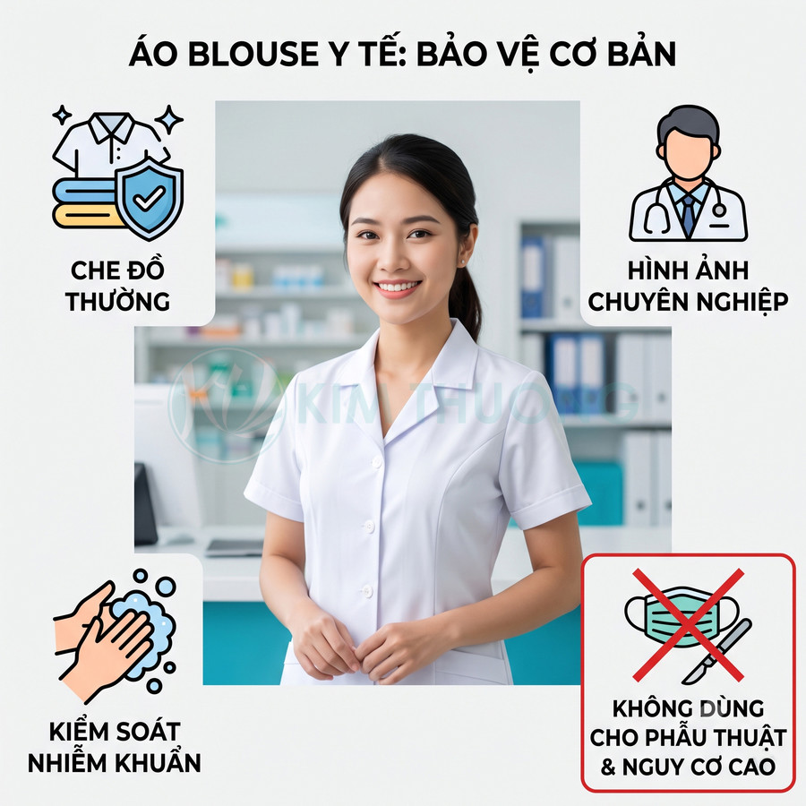 Nữ nhân viên y tế mặc áo blouse trắng tay ngắn đứng trong phòng khám, thể hiện hình ảnh chuyên nghiệp