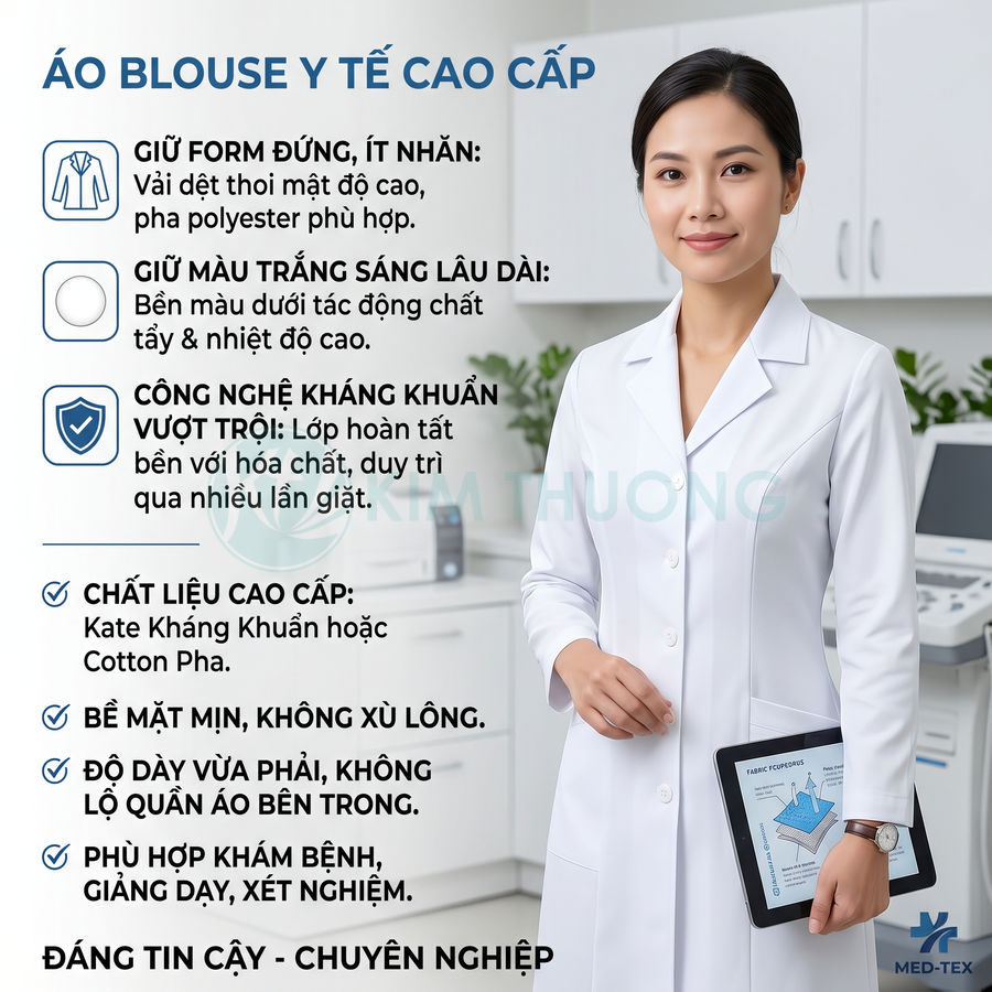 Áo blouse y tế cao cấp màu trắng Med Tex trên nữ bác sĩ trong phòng khám hiện đại