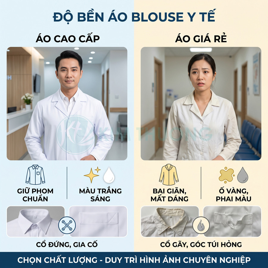So sánh áo blouse y tế cao cấp trắng sáng với áo blouse giá rẻ bị bai giãn, ố vàng, cổ gãy và góc túi hỏng
