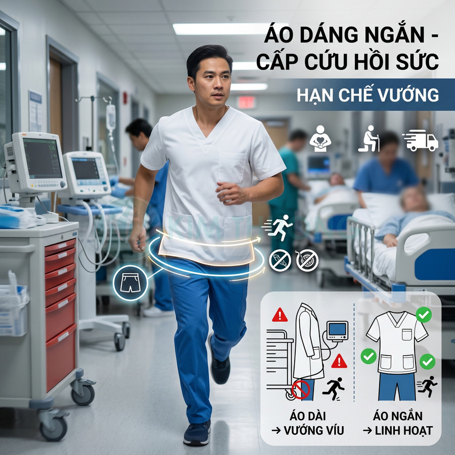 Áo blouse y tế dáng ngắn màu trắng cho bác sĩ cấp cứu, thiết kế linh hoạt hạn chế vướng víu trong bệnh viện