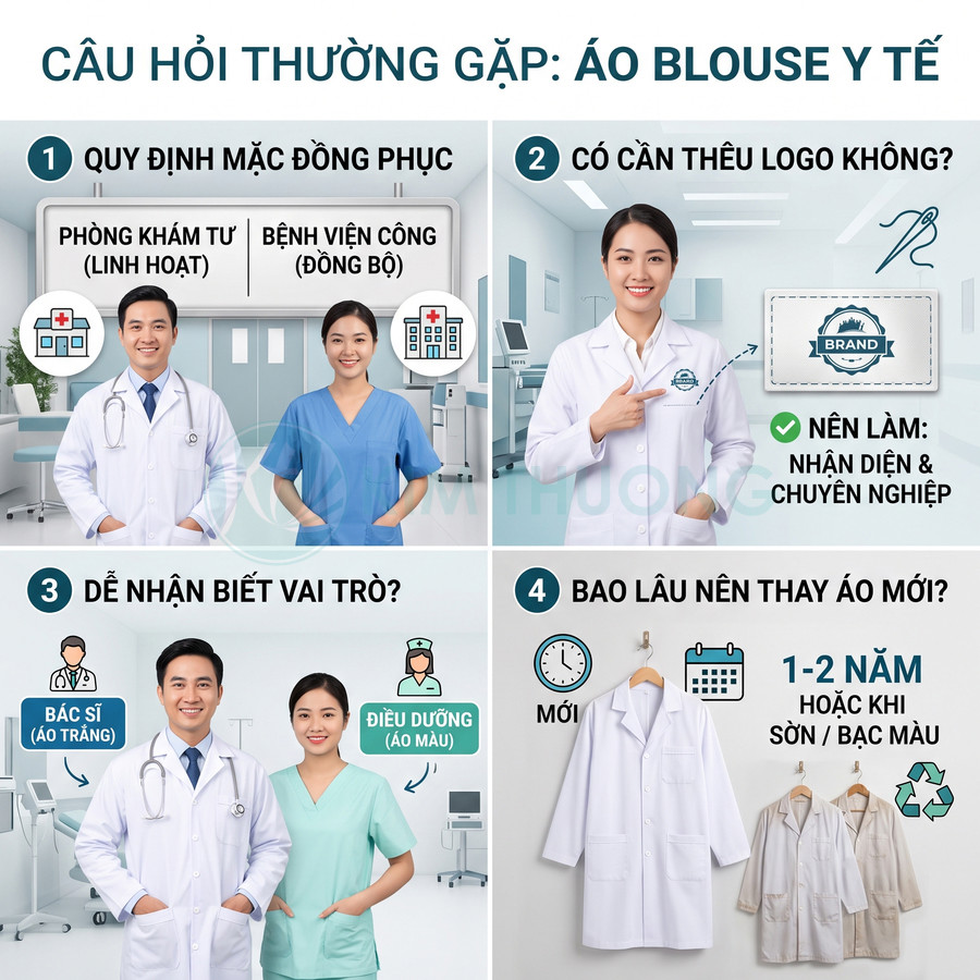 Áo blouse y tế trắng cho bác sĩ và áo đồng phục màu cho điều dưỡng trong bệnh viện, gợi ý thêu logo thương hiệu