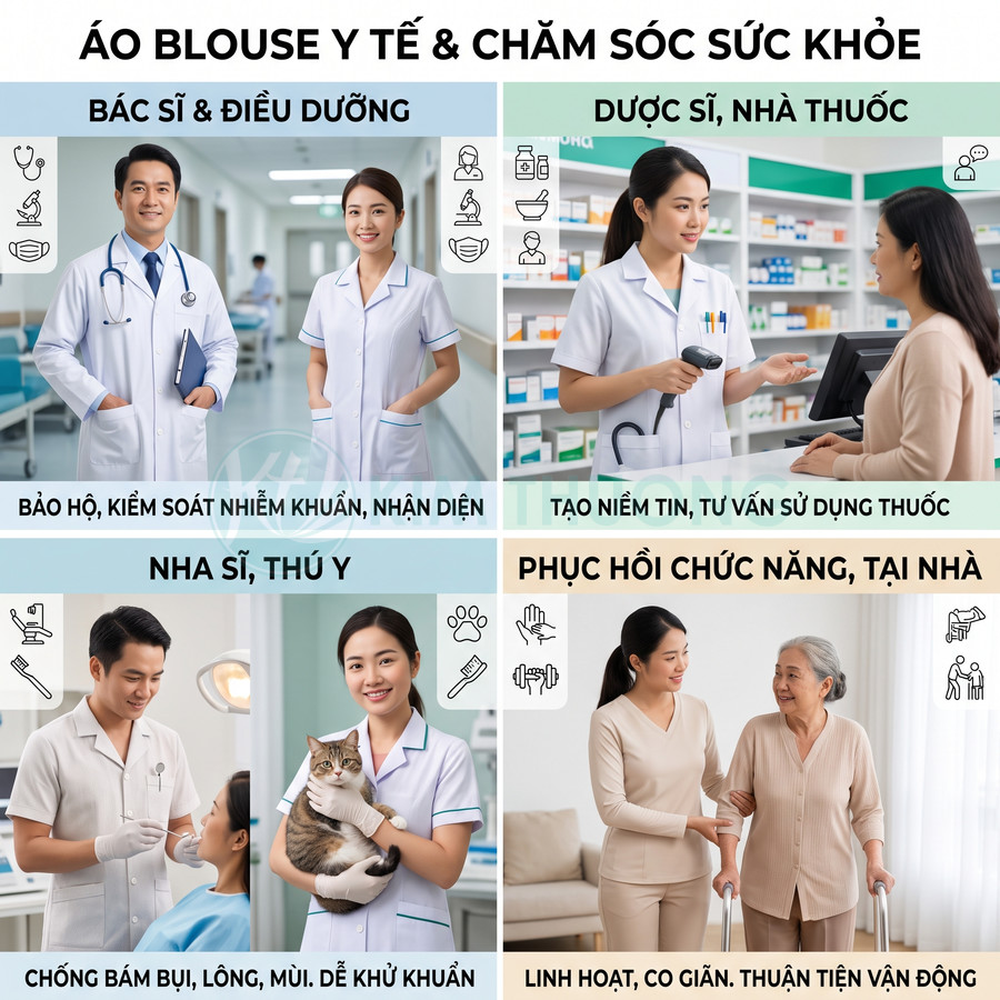 Áo blouse y tế cho bác sĩ, điều dưỡng, dược sĩ, nha sĩ, thú y và chăm sóc phục hồi chức năng tại nhà