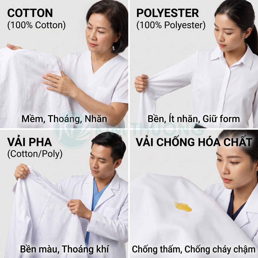So sánh áo blouse y tế các loại vải cotton, polyester, vải pha và vải chống hóa chất