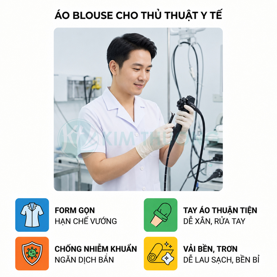 Áo blouse y tế tay ngắn cho bác sĩ, form gọn chống nhiễm khuẩn, vải bền dễ lau sạch trong phòng khám