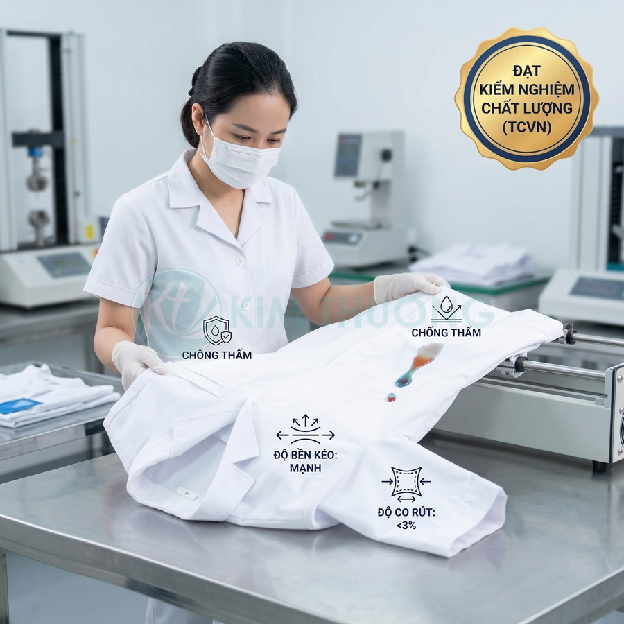 Áo blouse y tế trắng chống thấm đang được kiểm nghiệm chất lượng trong phòng thí nghiệm