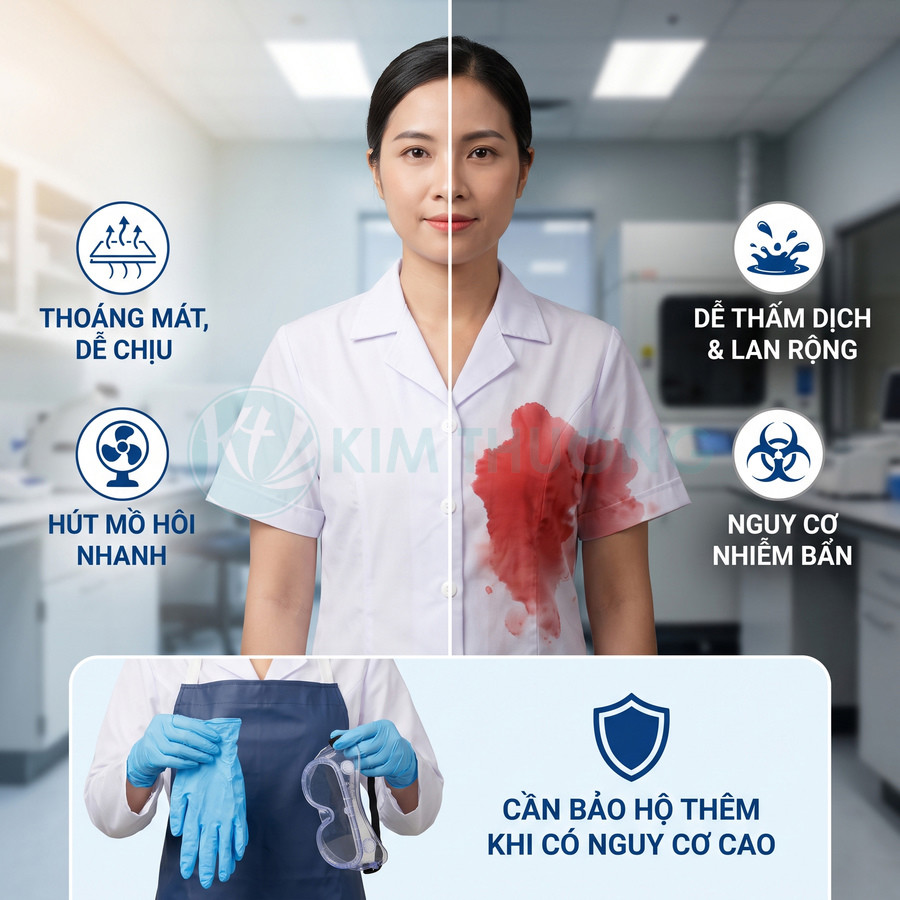 Áo blouse y tế thoáng mát nhưng dễ thấm dịch, cần dùng thêm găng tay và kính bảo hộ khi có nguy cơ nhiễm bẩn cao