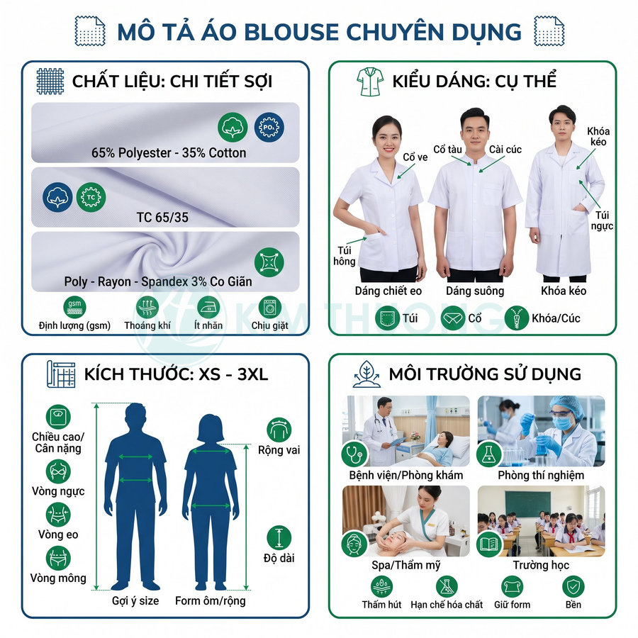 Áo blouse chuyên dụng màu trắng, chất liệu polyester cotton, có túi và kiểu dáng dành cho nhân viên y tế, phòng thí nghiệm và spa
