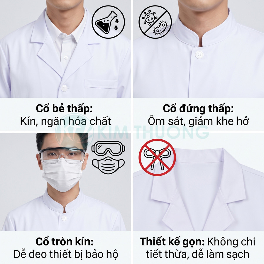 Áo blouse phòng thí nghiệm màu trắng với cổ thấp kín, cổ đứng ôm sát và thiết kế gọn dễ làm sạch