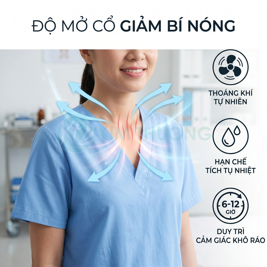 Đồng phục y tá cổ tim màu xanh giúp thoáng khí tự nhiên và hạn chế tích tụ nhiệt