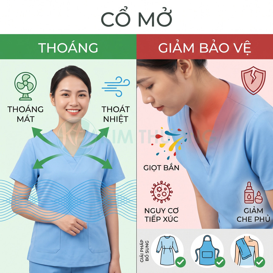 Đồng phục y tá cổ mở màu xanh dương, minh họa ưu điểm thoáng mát nhưng giảm bảo vệ trước giọt bắn
