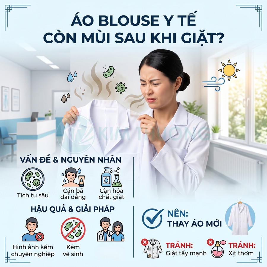 Nữ bác sĩ nhăn mặt khó chịu khi ngửi áo blouse y tế trắng còn mùi hôi sau khi giặt