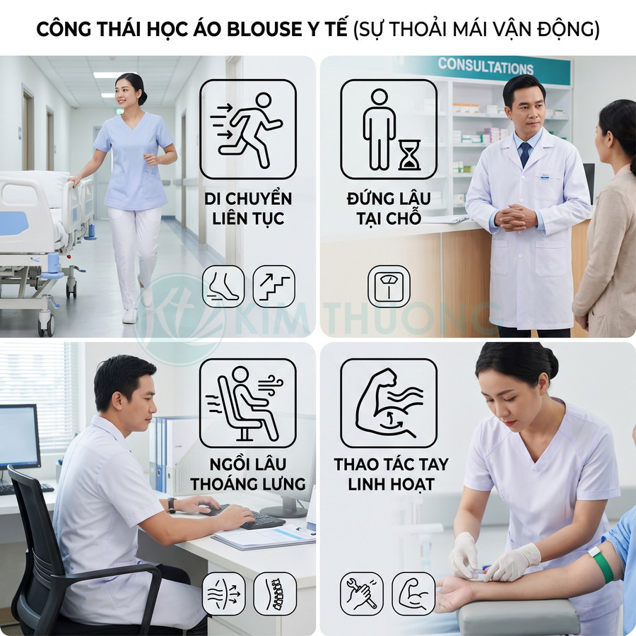 Áo blouse y tế công thái học cho bác sĩ và y tá, thoải mái khi di chuyển, đứng lâu, ngồi làm việc và thao tác tay