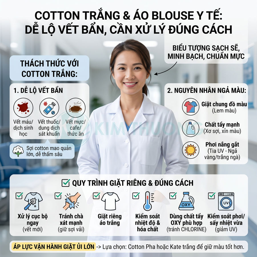 Infographic hướng dẫn giặt áo blouse y tế cotton trắng đúng cách để tránh vết bẩn và ngả màu