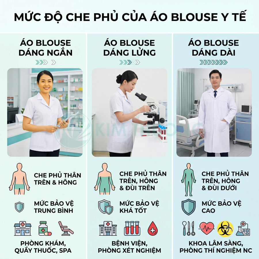 Ba kiểu áo blouse y tế dáng ngắn, dáng lửng và dáng dài cho bác sĩ, dược sĩ trong bệnh viện