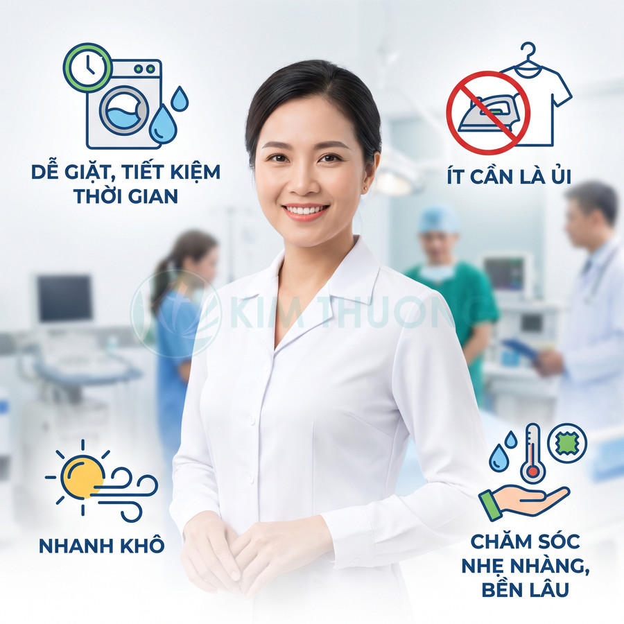 Áo blouse trắng dễ giặt, nhanh khô, ít cần là ủi và bền lâu, được giới thiệu bởi nữ nhân viên y tế