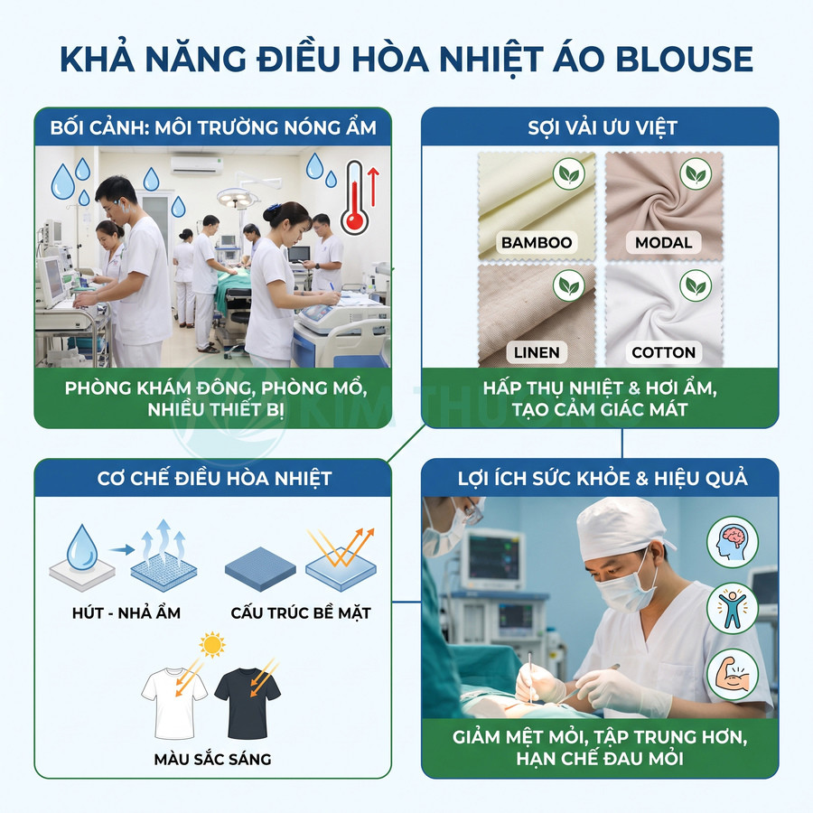 Áo blouse y tế thoáng mát, thấm hút ẩm với chất liệu bamboo, modal, linen hoặc cotton