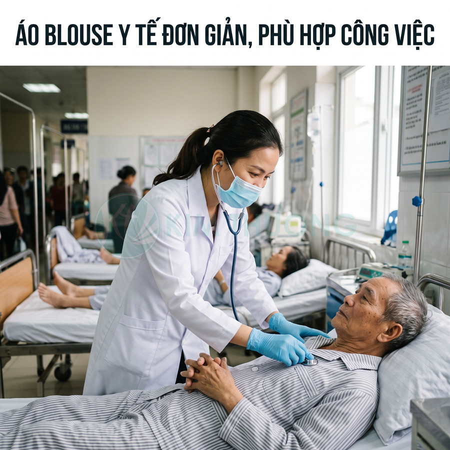 Bác sĩ mặc áo blouse y tế trắng khám cho bệnh nhân nằm trên giường trong phòng bệnh viện