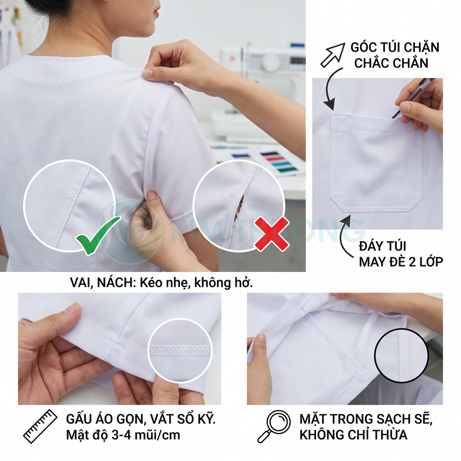 Áo blouse trắng với đường may chắc chắn, túi chần hai lớp và gấu áo vắt sổ gọn gàng