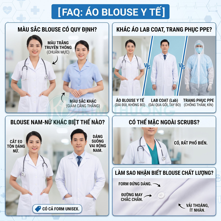 Các mẫu áo blouse y tế trắng xanh cho bác sĩ, điều dưỡng, so sánh kiểu dáng nam nữ và hướng dẫn nhận biết chất lượng