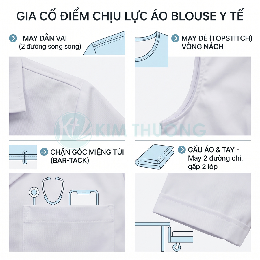 Chi tiết gia cố áo blouse y tế Kim Thương với đường may vai, nách, túi và gấu tay chắc chắn