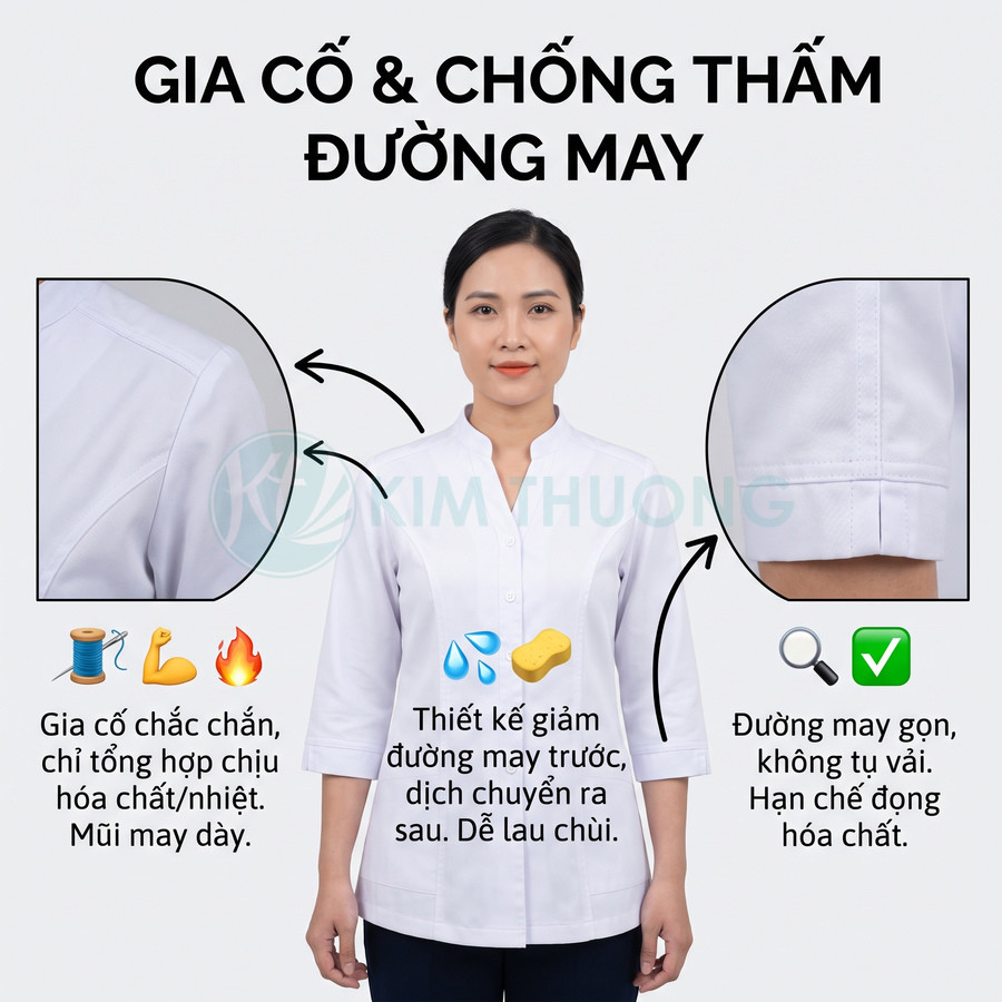 Áo blouse đồng phục nữ màu trắng cổ tàu, tay lửng với đường may gia cố gọn gàng, dễ lau chùi