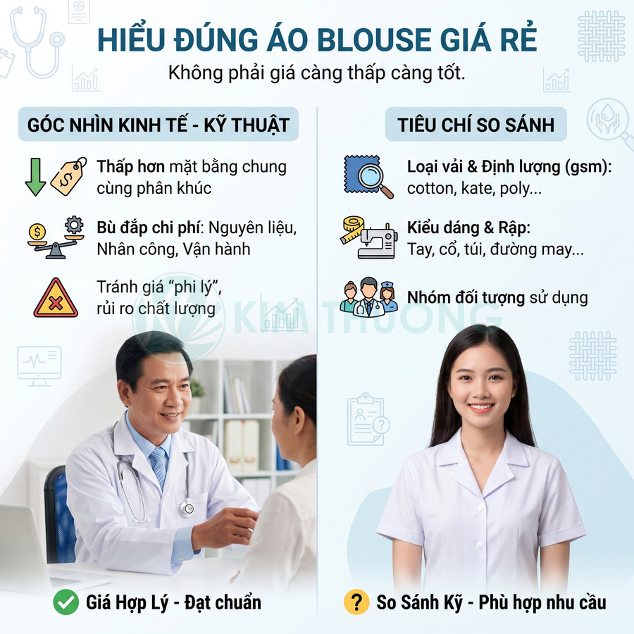 Áo blouse y tế màu trắng tay ngắn, cùng tiêu chí so sánh chất liệu, kiểu dáng và giá cảburugburu