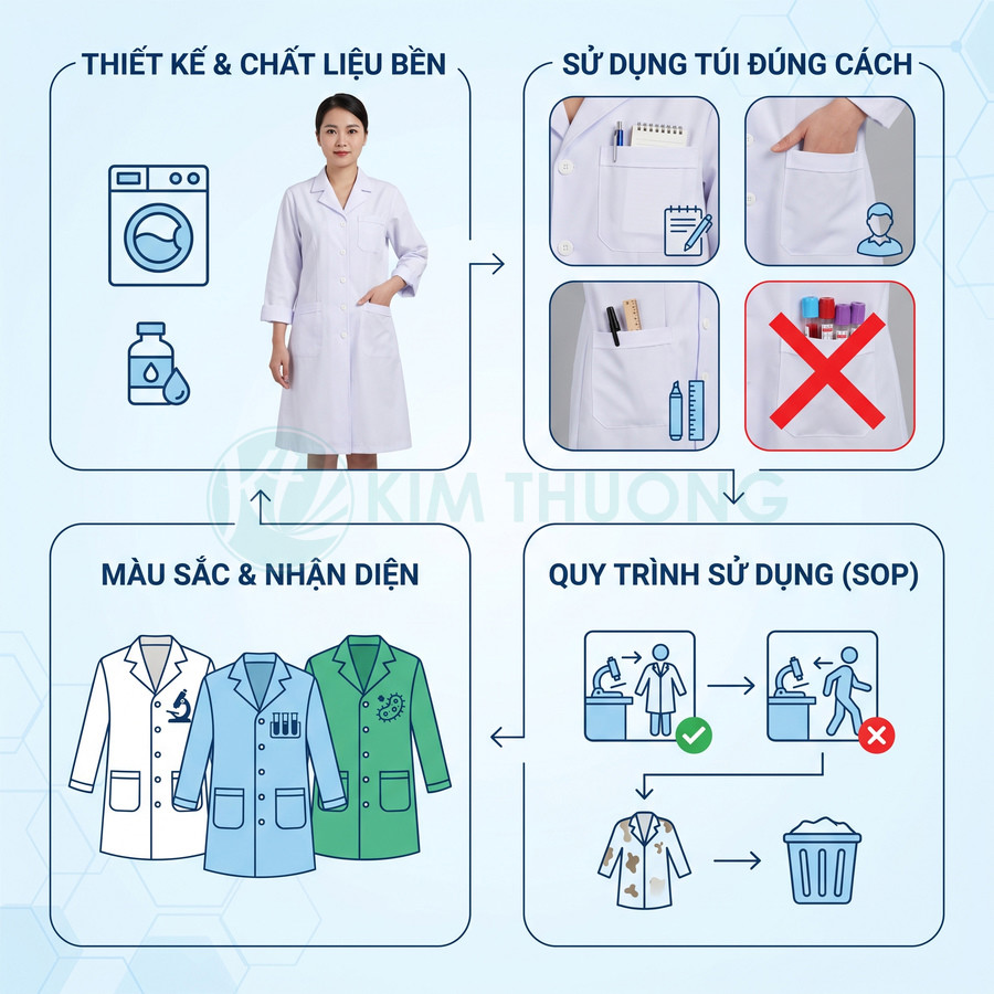 Áo blouse phòng thí nghiệm màu trắng, xanh dương và xanh lá, kèm hướng dẫn sử dụng túi và quy trình bảo quản đúng cách