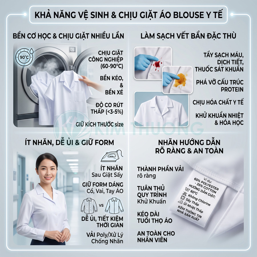 Áo blouse y tế trắng chất liệu poly cotton ít nhăn, chịu giặt công nghiệp, dễ làm sạch vết bẩn và giữ form lâu dài