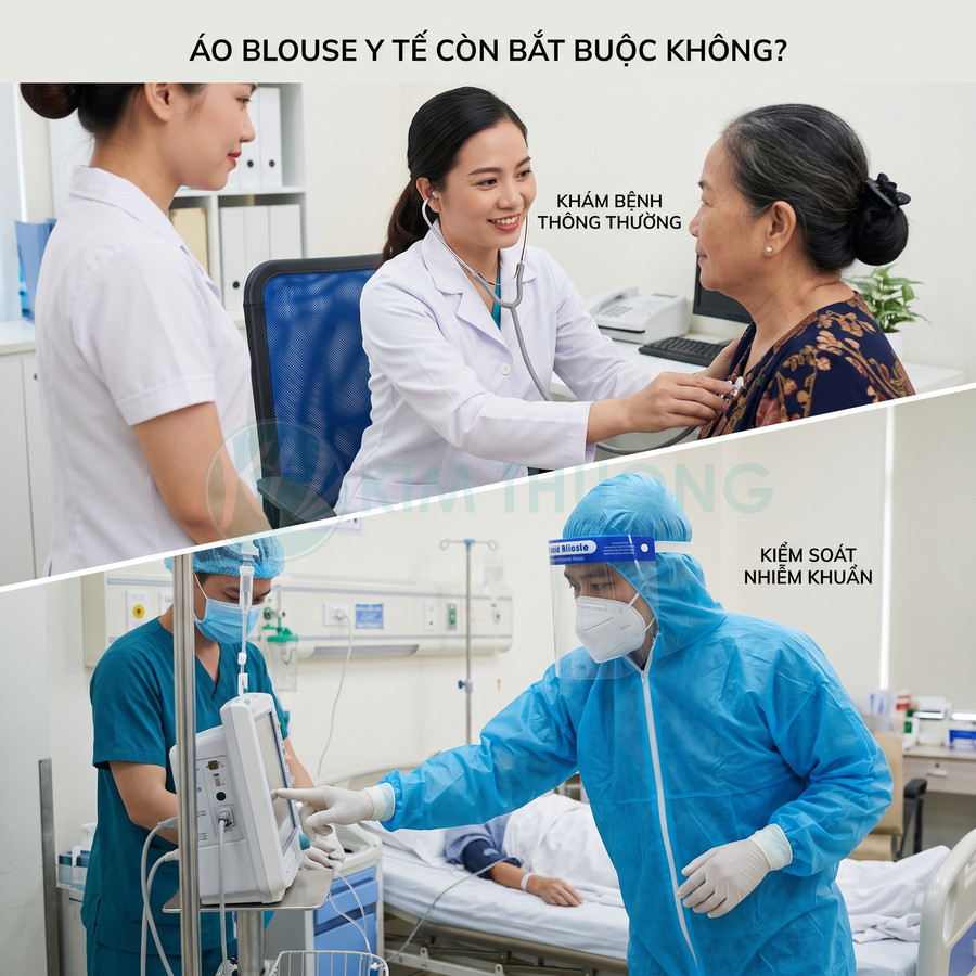 Bác sĩ mặc áo blouse trắng khám bệnh và nhân viên y tế mặc đồ bảo hộ xanh kiểm soát nhiễm khuẩn trong bệnh viện
