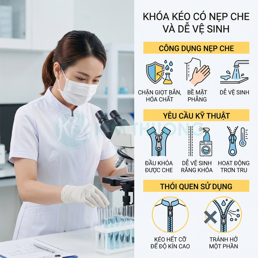 Áo blouse phòng thí nghiệm khóa kéo có nẹp che, dễ vệ sinh, nhân viên y tế thao tác với ống nghiệm và kính hiển vi