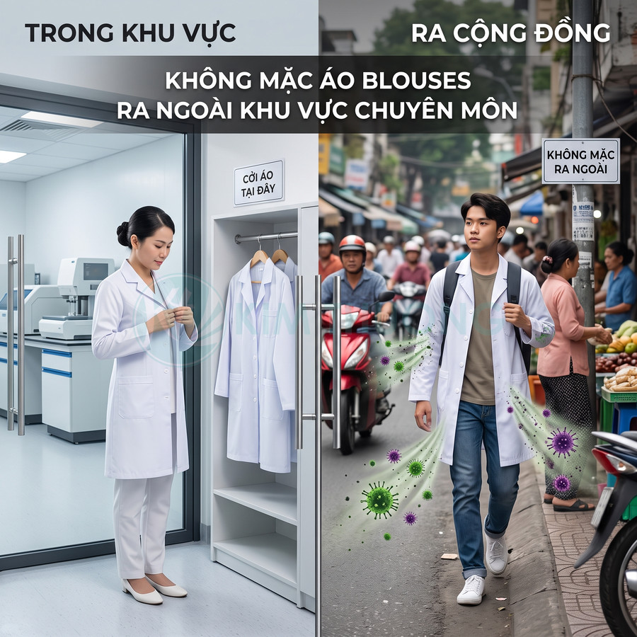 Áo blouse bác sĩ dùng trong phòng thí nghiệm không nên mặc ra ngoài đường để tránh mang theo vi khuẩn
