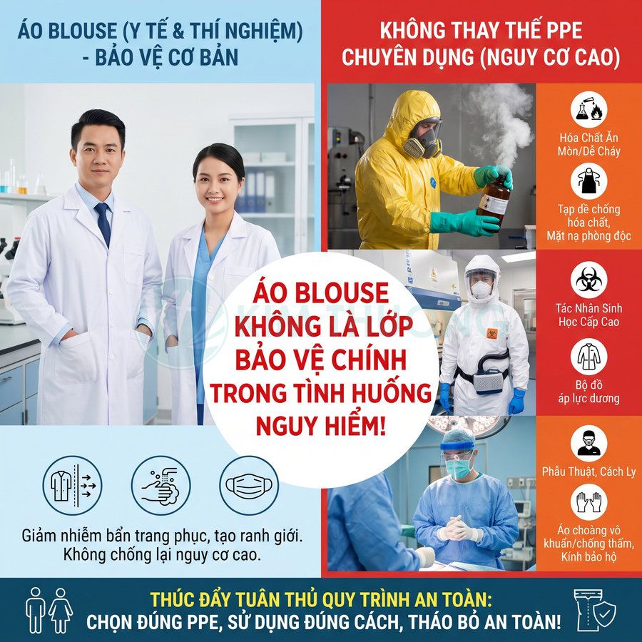 Áo blouse y tế và đồ bảo hộ chuyên dụng, nhấn mạnh blouse không thay thế PPE trong tình huống nguy hiểm