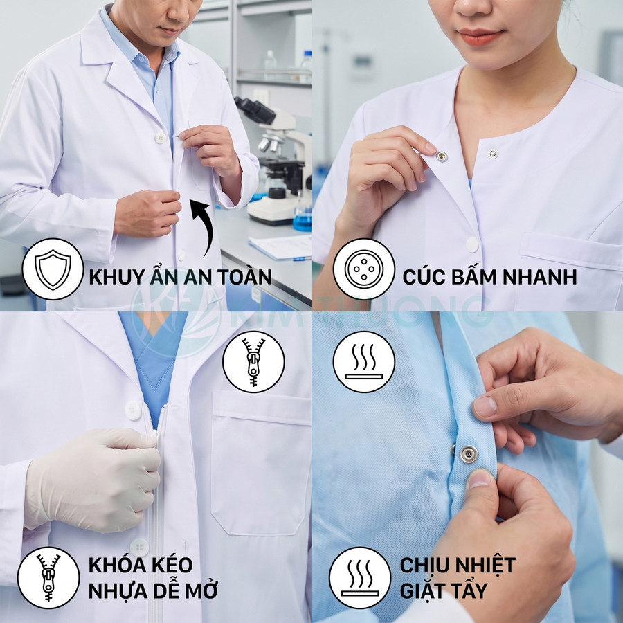 Áo blouse bác sĩ trắng với khuy ẩn an toàn, cúc bấm nhanh và khóa kéo nhựa dễ mở, chịu nhiệt khi giặt tẩy