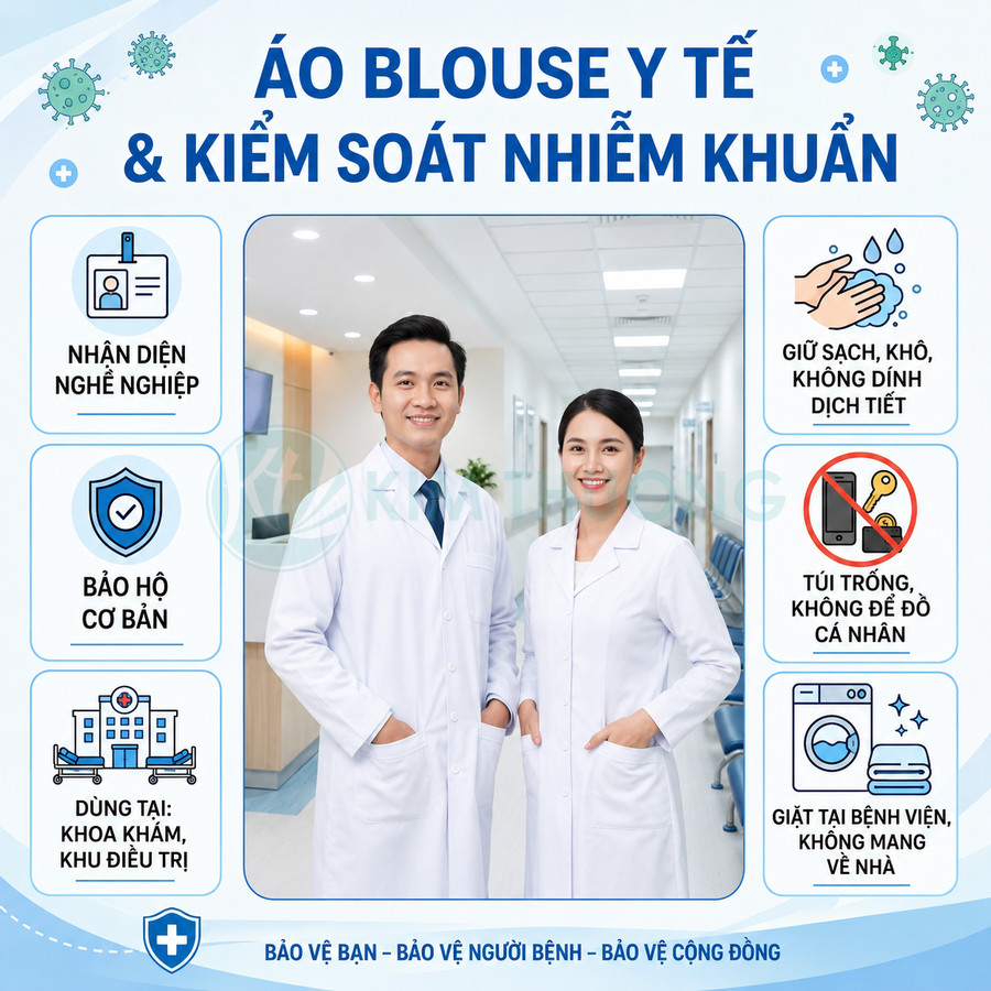 Áo blouse y tế trắng cho bác sĩ và điều dưỡng đứng trong hành lang bệnh viện, dùng bảo hộ và kiểm soát nhiễm khuẩn