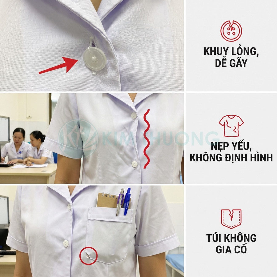 Áo blouse trắng tay ngắn với khuy lỏng dễ gãy, nẹp áo yếu và túi không được gia cố