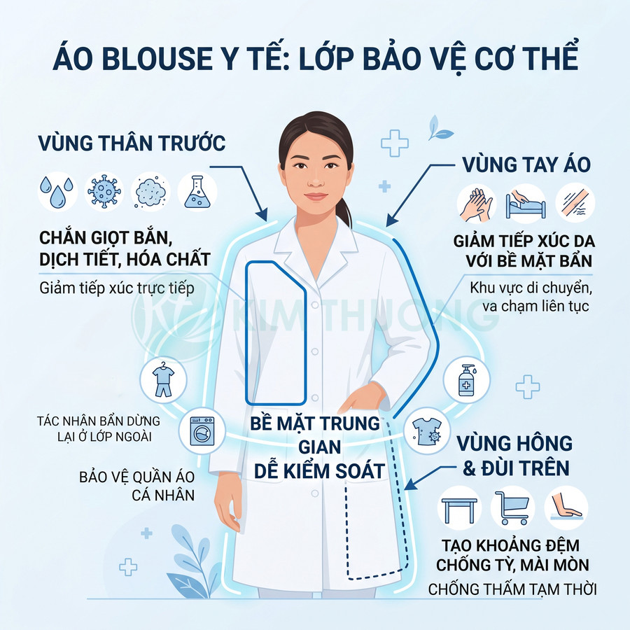 Áo blouse y tế màu trắng trên nữ nhân viên, minh họa các vùng bảo vệ cơ thể khỏi giọt bắn và hóa chất