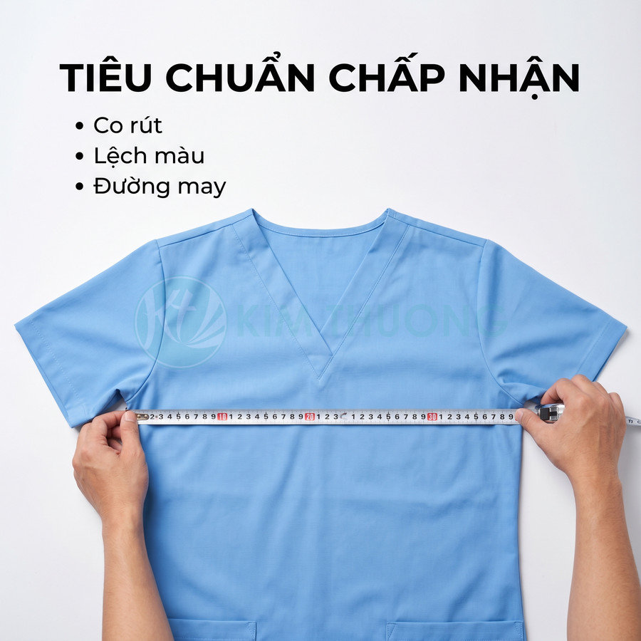 Đo chiều ngang áo blouse y tế xanh dương bằng thước dây để kiểm tra kích thước và đường may