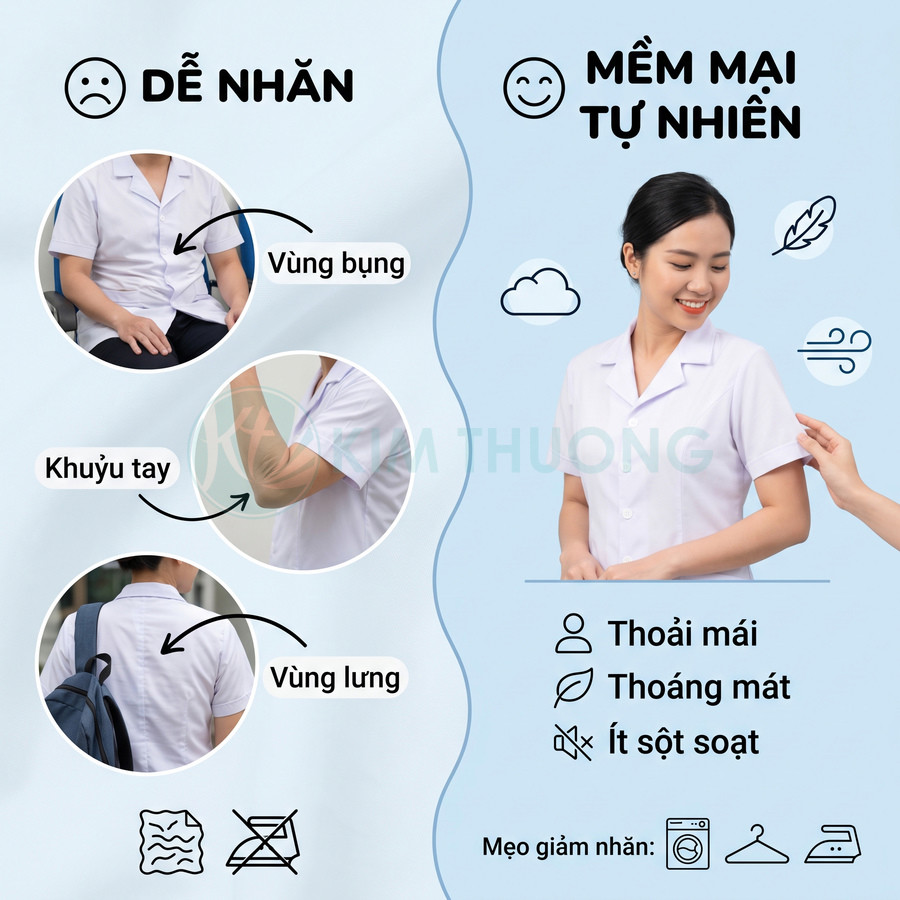 Áo sơ mi đồng phục tay ngắn màu trắng, minh họa các vùng dễ nhăn ở bụng, khuỷu tay và lưng, cùng ưu điểm mềm mại, thoáng mát.