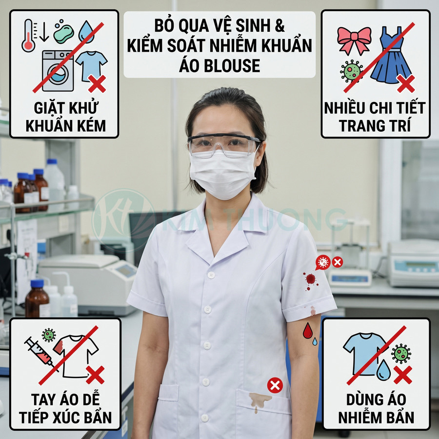 Nhân viên phòng thí nghiệm mặc áo blouse trắng, khẩu trang và kính bảo hộ, minh họa lưu ý vệ sinh áo blouse