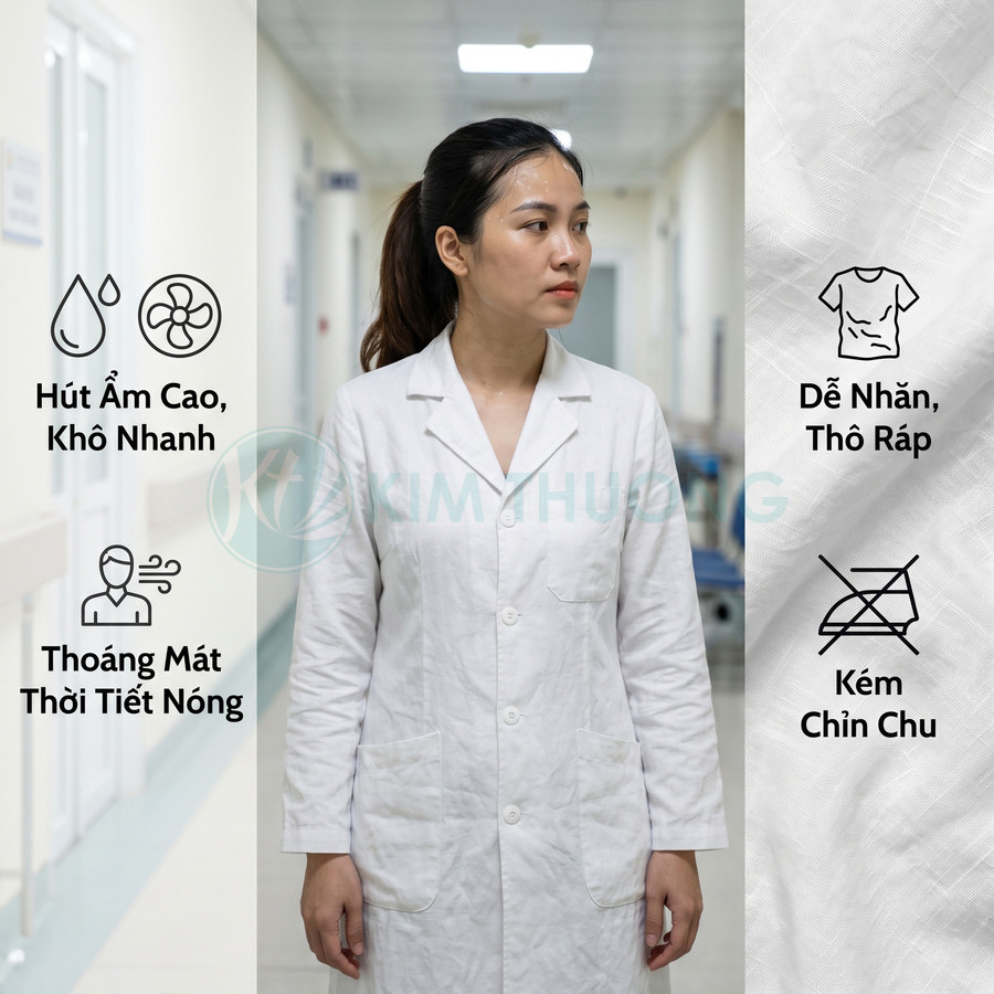 Áo blouse bác sĩ màu trắng chất vải hút ẩm, khô nhanh và thoáng mát khi mặc trong thời tiết nóng