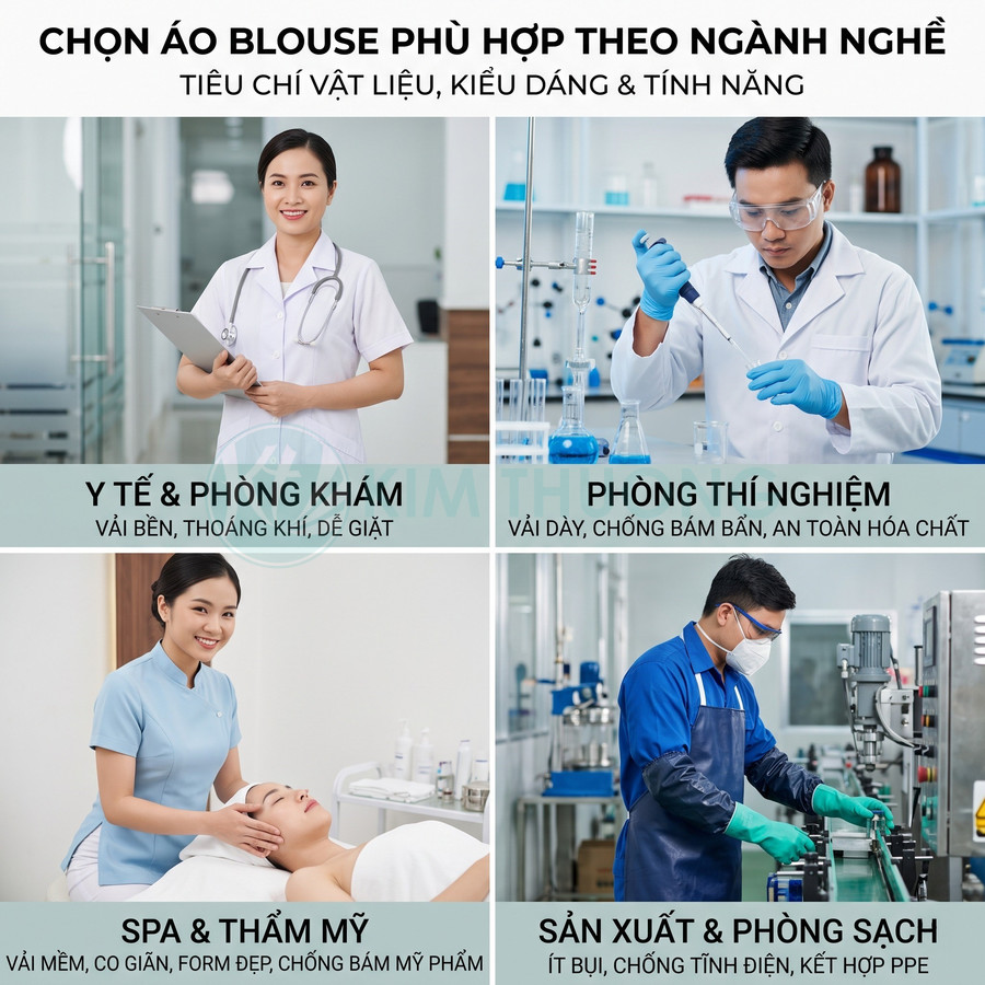 Các mẫu áo blouse cho y tế, phòng khám, spa, phòng thí nghiệm và sản xuất phòng sạch