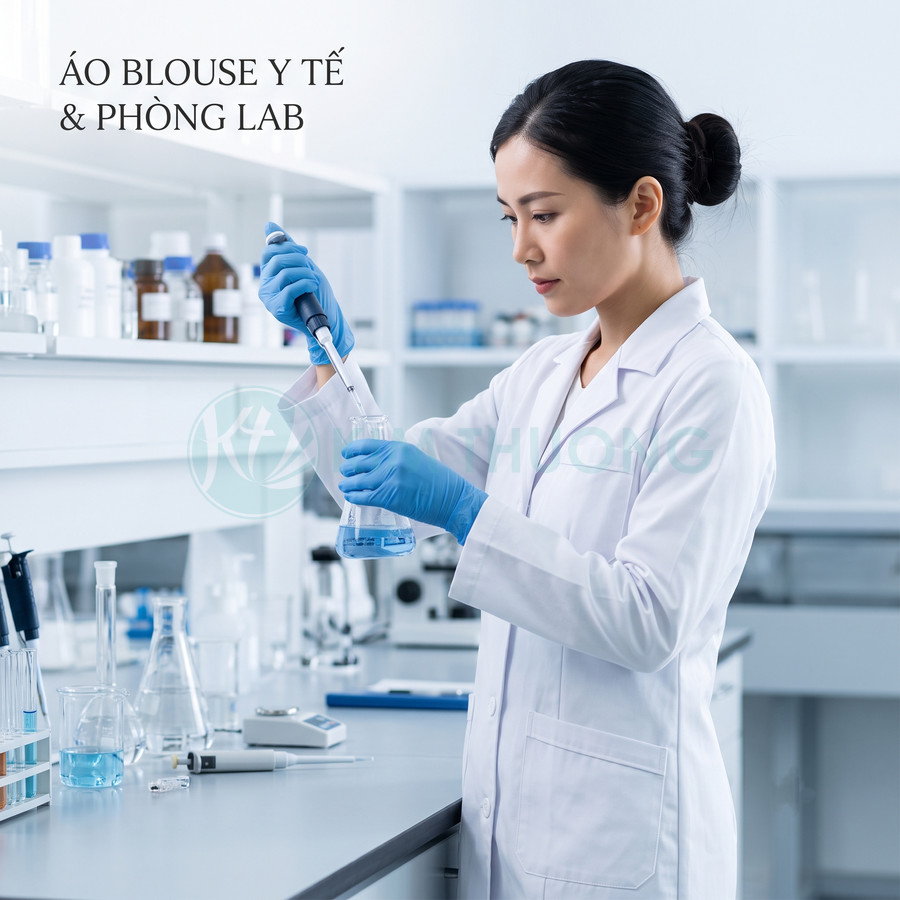 Áo blouse y tế trắng cho phòng lab trên nữ kỹ thuật viên đang làm thí nghiệm hóa học