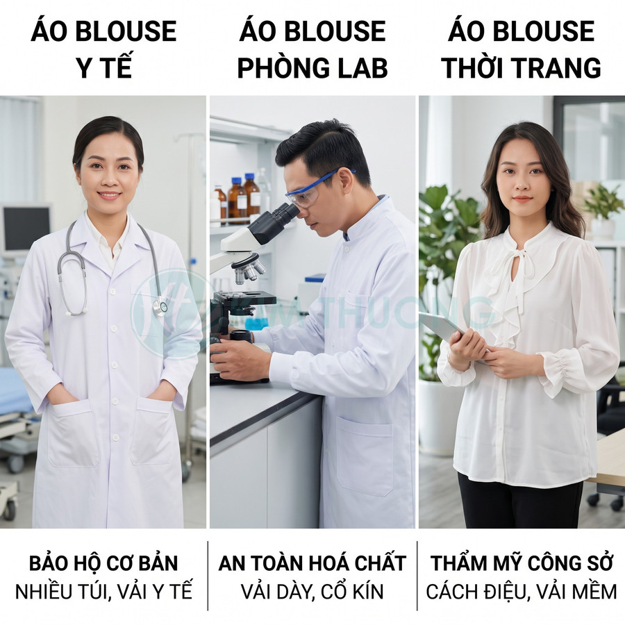 So sánh áo blouse y tế, áo blouse phòng lab và áo blouse thời trang công sở màu trắng