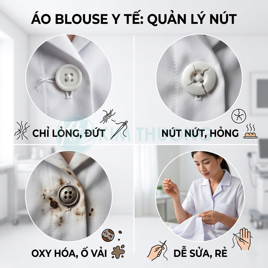 Áo blouse y tế trắng với các vấn đề nút áo bung chỉ, nứt vỡ, oxy hóa ố bẩn và dễ phải khâu sửa