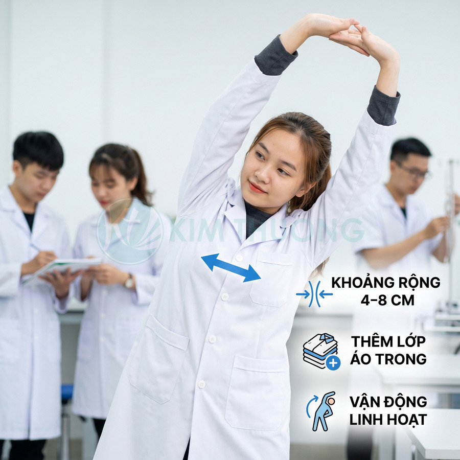 Áo blouse trắng dáng rộng, có thể mặc thêm áo trong và vận động linh hoạt khi làm việc trong phòng thí nghiệm