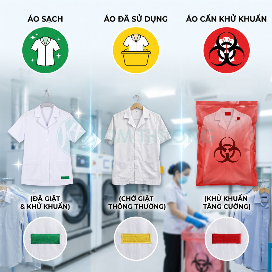 Quy trình phân loại áo blouse y tế sạch, đã dùng và cần khử khuẩn với thẻ màu xanh vàng đỏ
